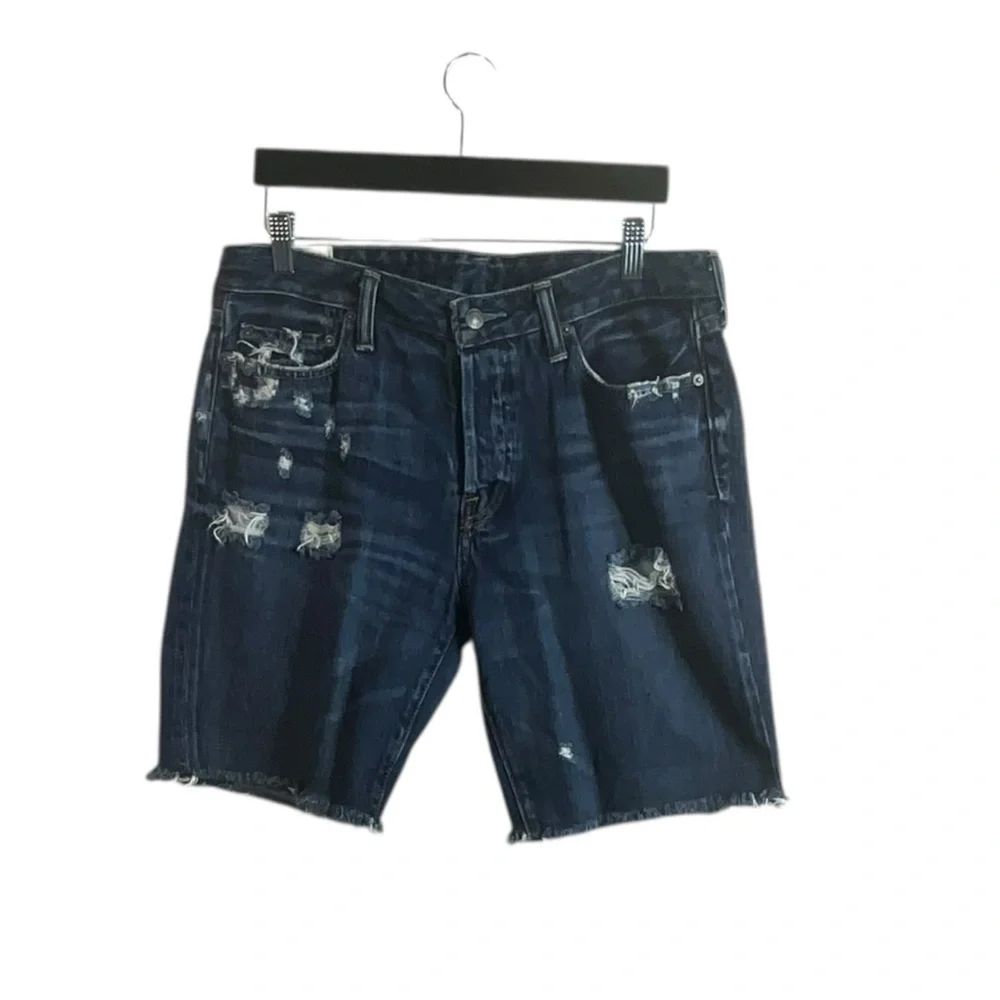Abercrombie & Fitch Men Blue Distressed Button Fly Denim‎ Shorts